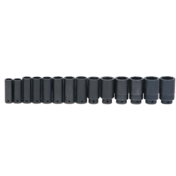 14 pc 1/2" Drive 6-Point SAE Deep Impact Socket Set on Rail and Clips