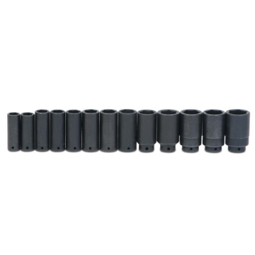 19 pc 1/2" Drive 6-Point SAE Deep Impact Socket Set on Rail and Clips