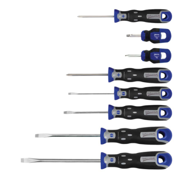 8 pc SUPERTORQUE™ Combination Screwdriver Set includes 1 cabineta slotted, 4 keystone slotted and 3 Phillips Screwdrivers