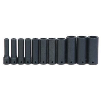 11 pc 1/2" Drive 6-Point SAE Deep Impact Socket Set on Rail and Clips